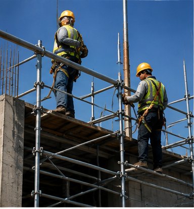 Workers assembling Sana Steel scaffolding