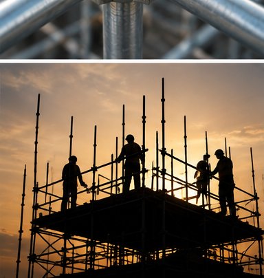 Crew working on scaffolding at sunset
