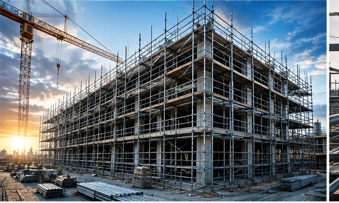 Sana Steel scaffolding on a construction site at sunset